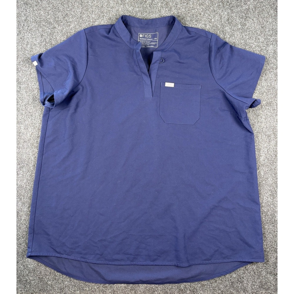 Figs Technical Collection Navy Blue Scrub Top XXL Short Sleeve V-Neck Pocket